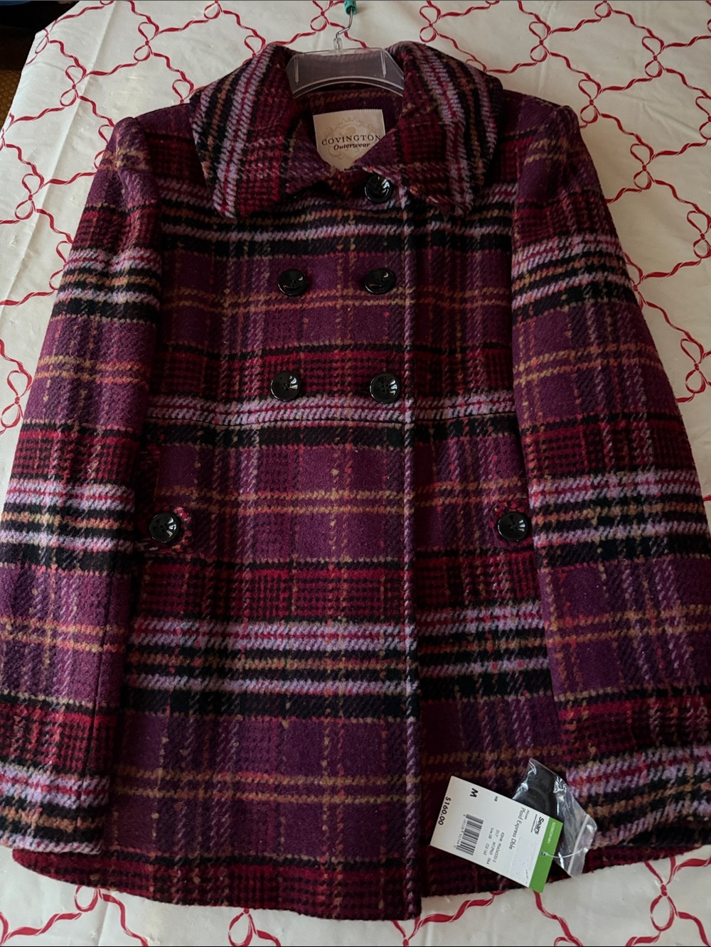 NWT Covington Women's Plum & Black Plaid Double-Breasted Pea Coat, cute details